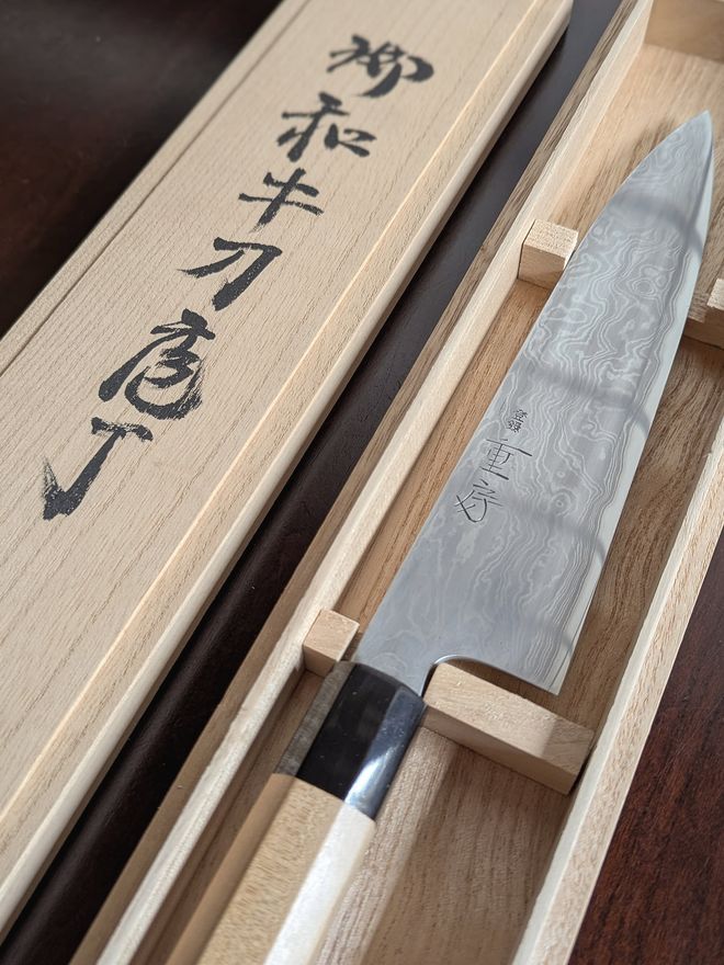 A Shigefusa kitchen knife in its wooden box