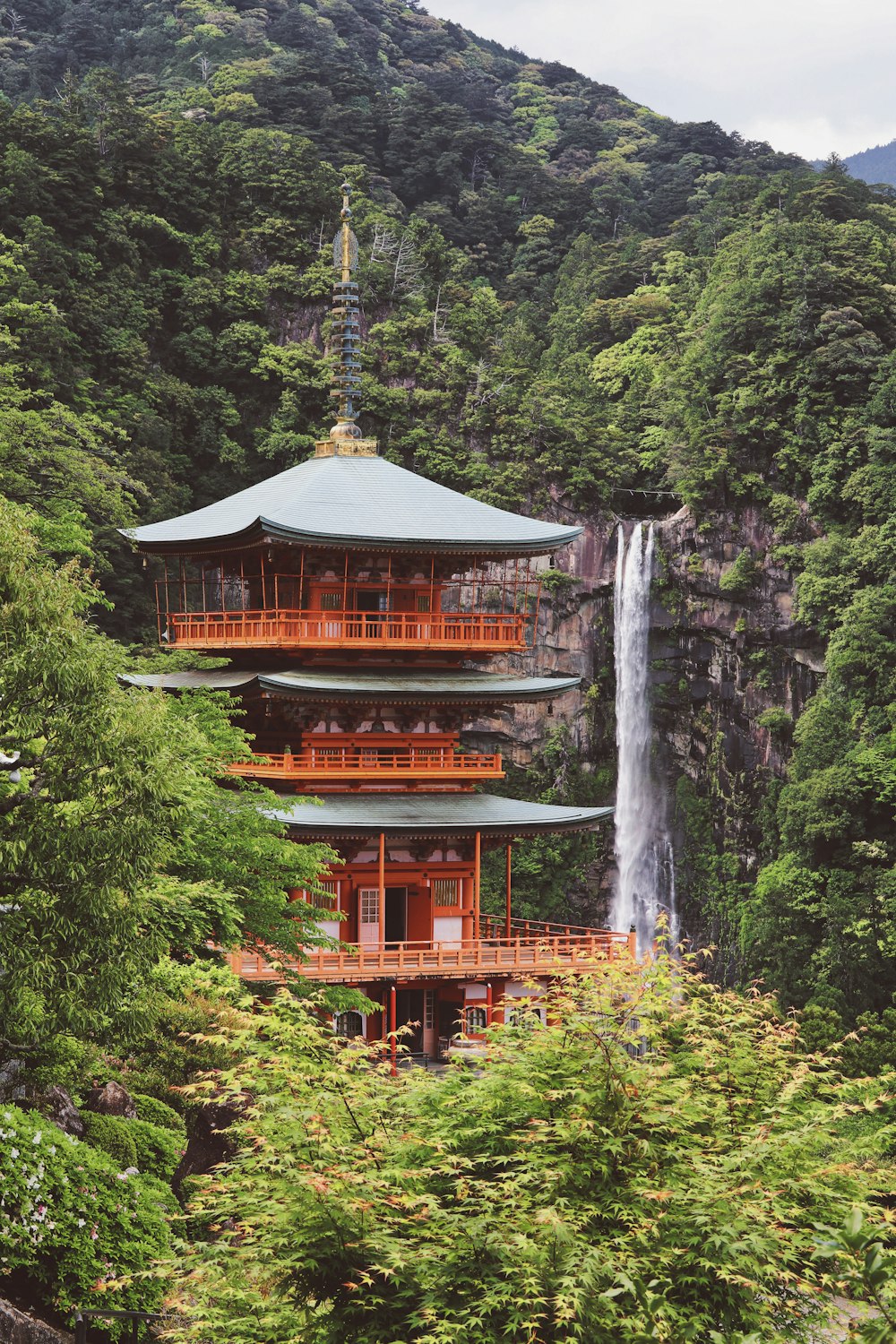 The vermilion three-storey pagoda at Nachisan in Wakayama, Japan
